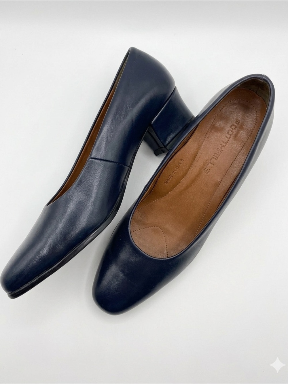 Navy Leather Low Block Heel Pump